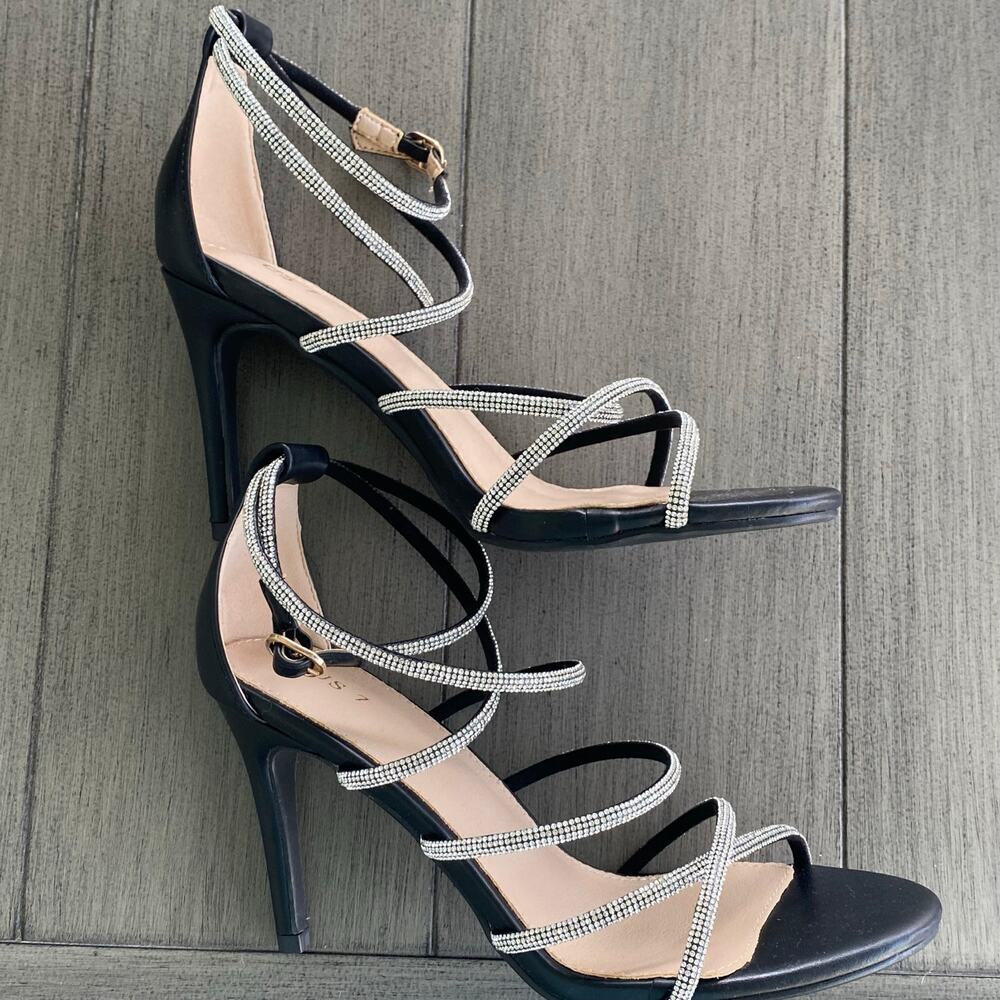 Black Stiletto Rhinestone Sandals • Size 7 • Strappy Wrap‑Around • 3.5” Heel